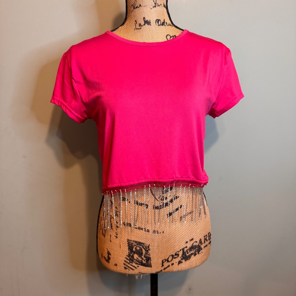 rue21 Pink Rhinestone Fringe Crop Top XL Short Sleeve